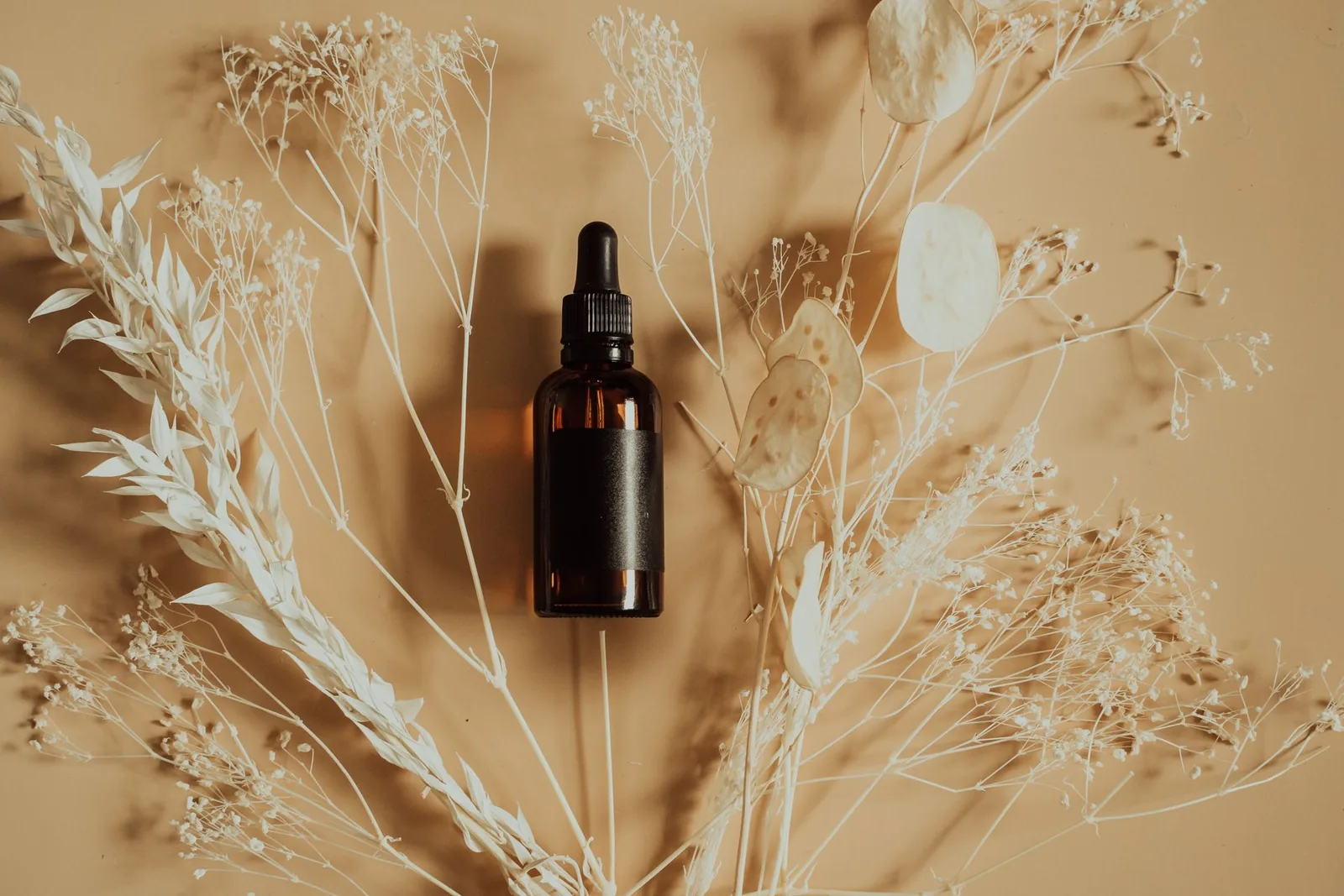 Amber dropper serum bottle lying among dried pale flowers
